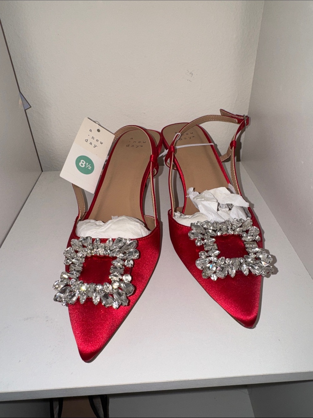 a new day Red Satin Pointed Toe Slingback Flats with Crystal Square Buckle